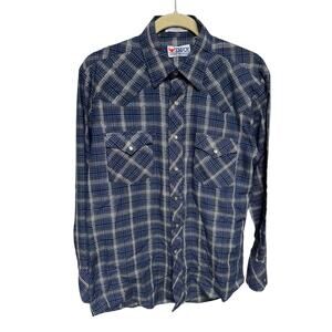 Men’s Vintage Envoy Western Shirt Blue with Gold Stripe Pearl Snap Shirt Size M‎